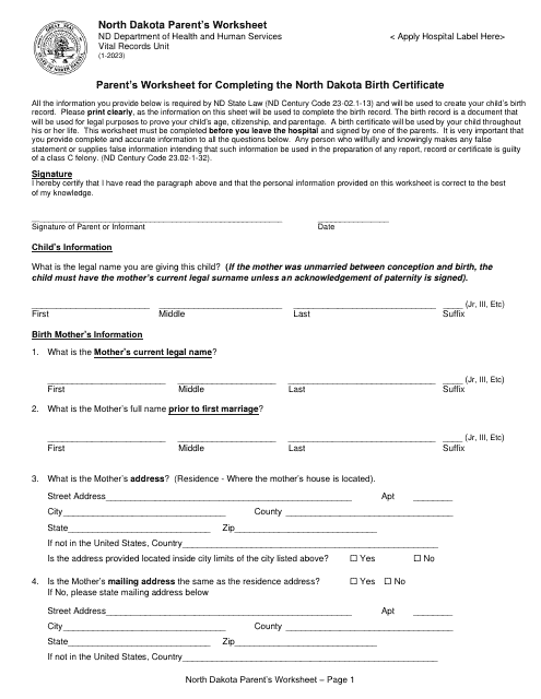 Parent's Worksheet for Completing the North Dakota Birth Certificate - North Dakota Download Pdf
