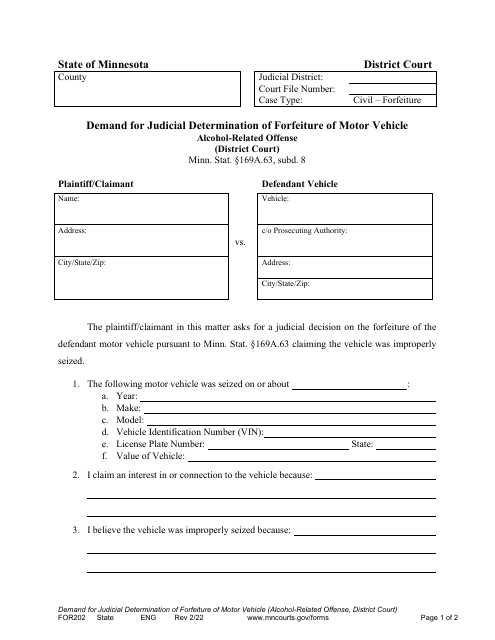 Form FOR202 Demand for Judicial Determination of Forfeiture of Motor Vehicle - Minnesota