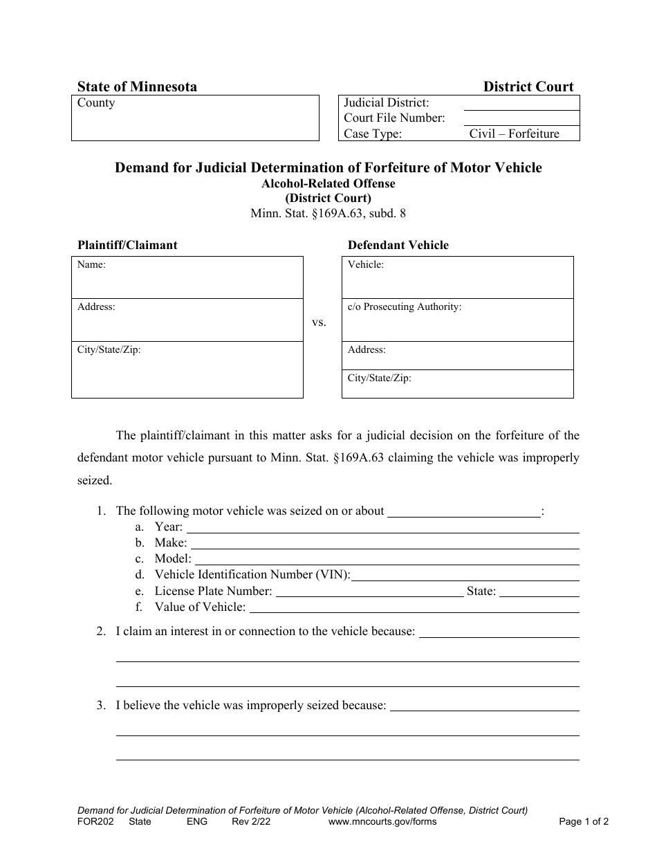 Form FOR202 Demand for Judicial Determination of Forfeiture of Motor Vehicle - Minnesota, Page 1
