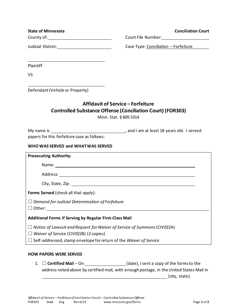 Form FOR303 Affidavit of Service - Forfeiture - Controlled Substance Offense - Minnesota, Page 1