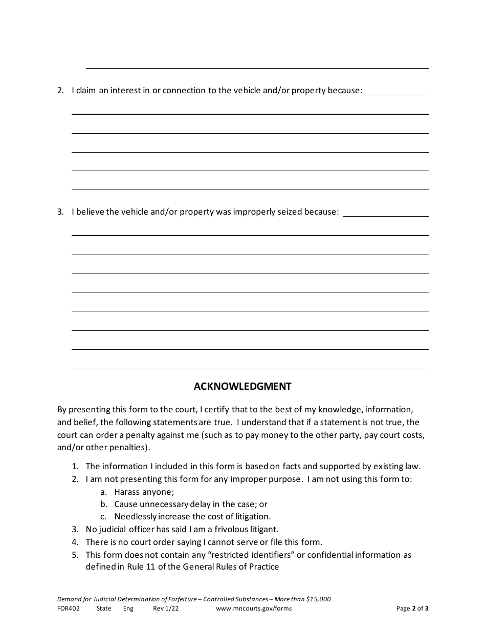 Form FOR402 Demand for Judicial Determination of Forfeiture of Property - Minnesota, Page 2