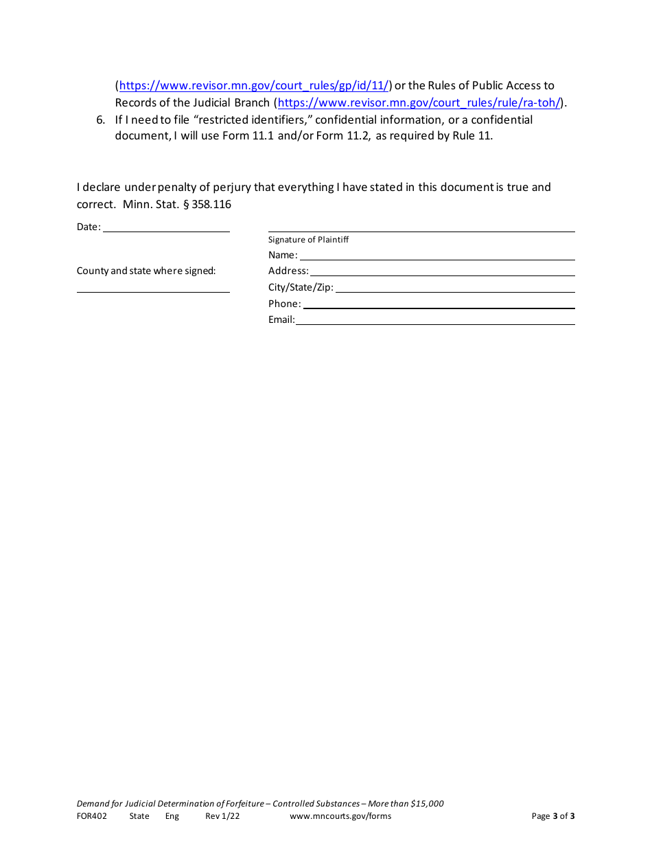 Form FOR402 Demand for Judicial Determination of Forfeiture of Property - Minnesota, Page 3