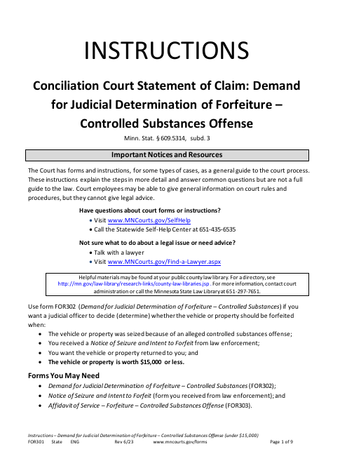 Form FOR301 Instructions - Conciliation Court Review of Property Seized in Drug Arrest ($15,000 or Less) - Minnesota