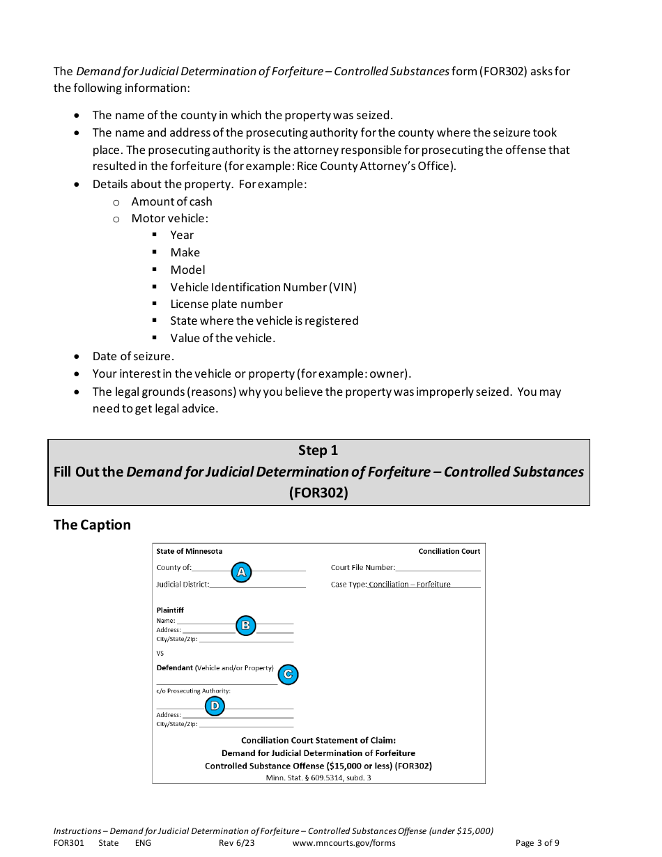 Form FOR301 Instructions - Conciliation Court Review of Property Seized in Drug Arrest ($15,000 or Less) - Minnesota, Page 3
