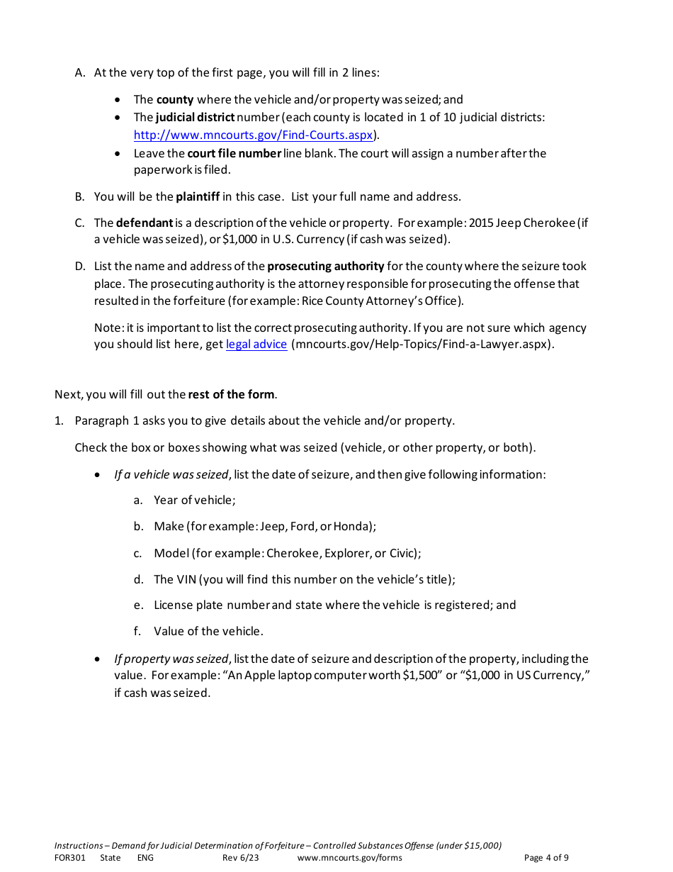 Form FOR301 Instructions - Conciliation Court Review of Property Seized in Drug Arrest ($15,000 or Less) - Minnesota, Page 4