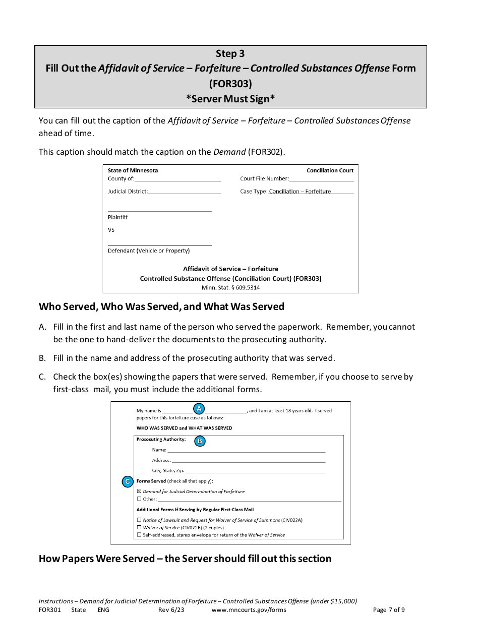 Form FOR301 Instructions - Conciliation Court Review of Property Seized in Drug Arrest ($15,000 or Less) - Minnesota, Page 7
