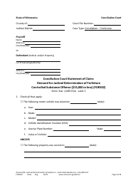 Form FOR302 Conciliation Court Statement of Claim: Demand for Judicial Determination of Forfeiture - Controlled Substance Offense ($15,000 or Less) - Minnesota
