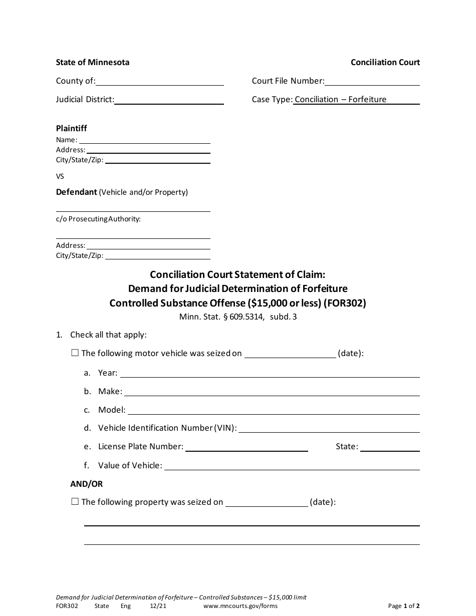Form FOR302 Conciliation Court Statement of Claim: Demand for Judicial Determination of Forfeiture - Controlled Substance Offense ($15,000 or Less) - Minnesota, Page 1