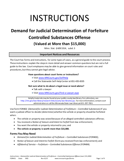Instructions for Form FOR401 Instructions - Demand for Judicial Determination of Forfeiture Controlled Substances Offense (Valued at More Than $15,000) - Minnesota