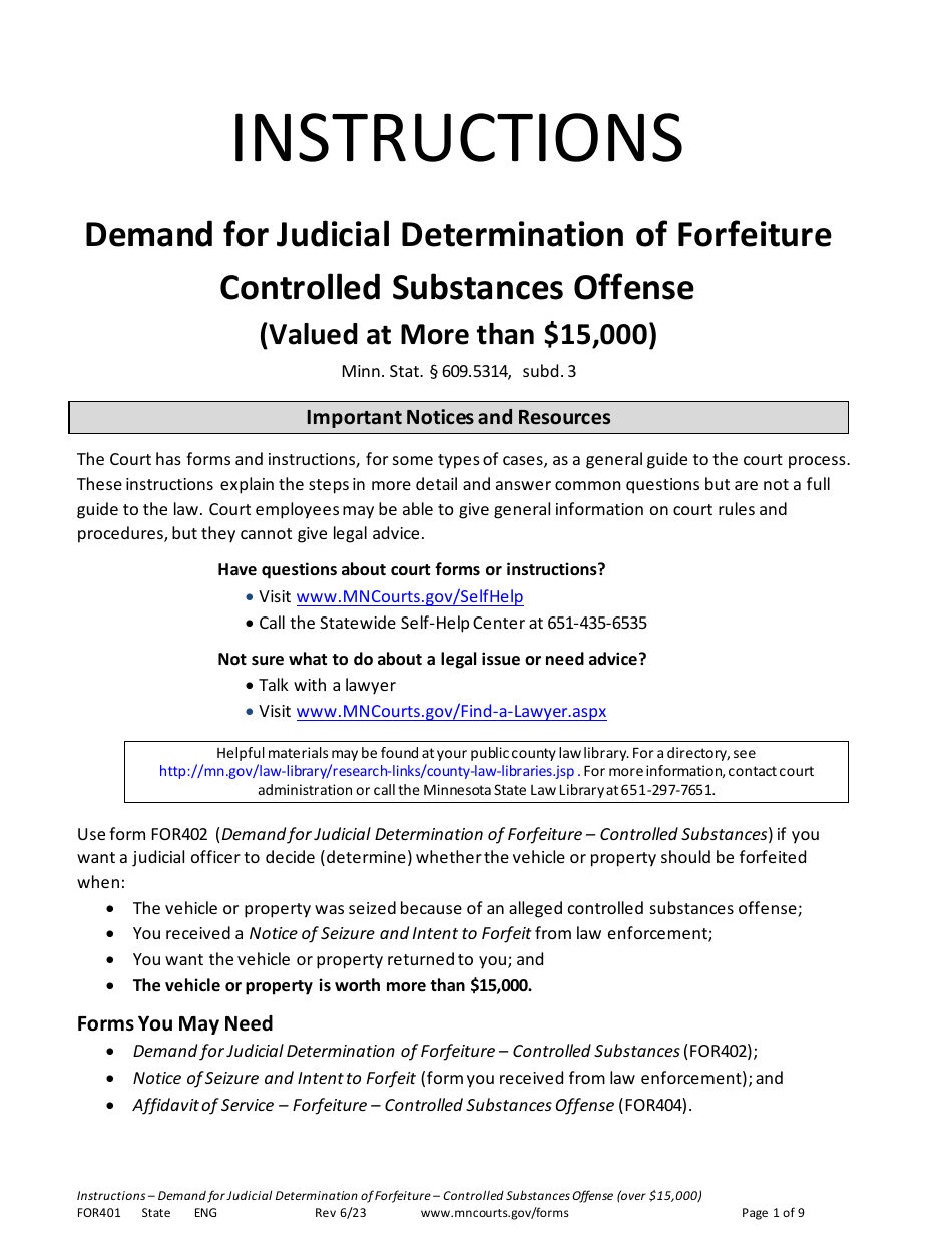 Instructions for Form FOR401 Instructions - Demand for Judicial Determination of Forfeiture Controlled Substances Offense (Valued at More Than $15,000) - Minnesota, Page 1