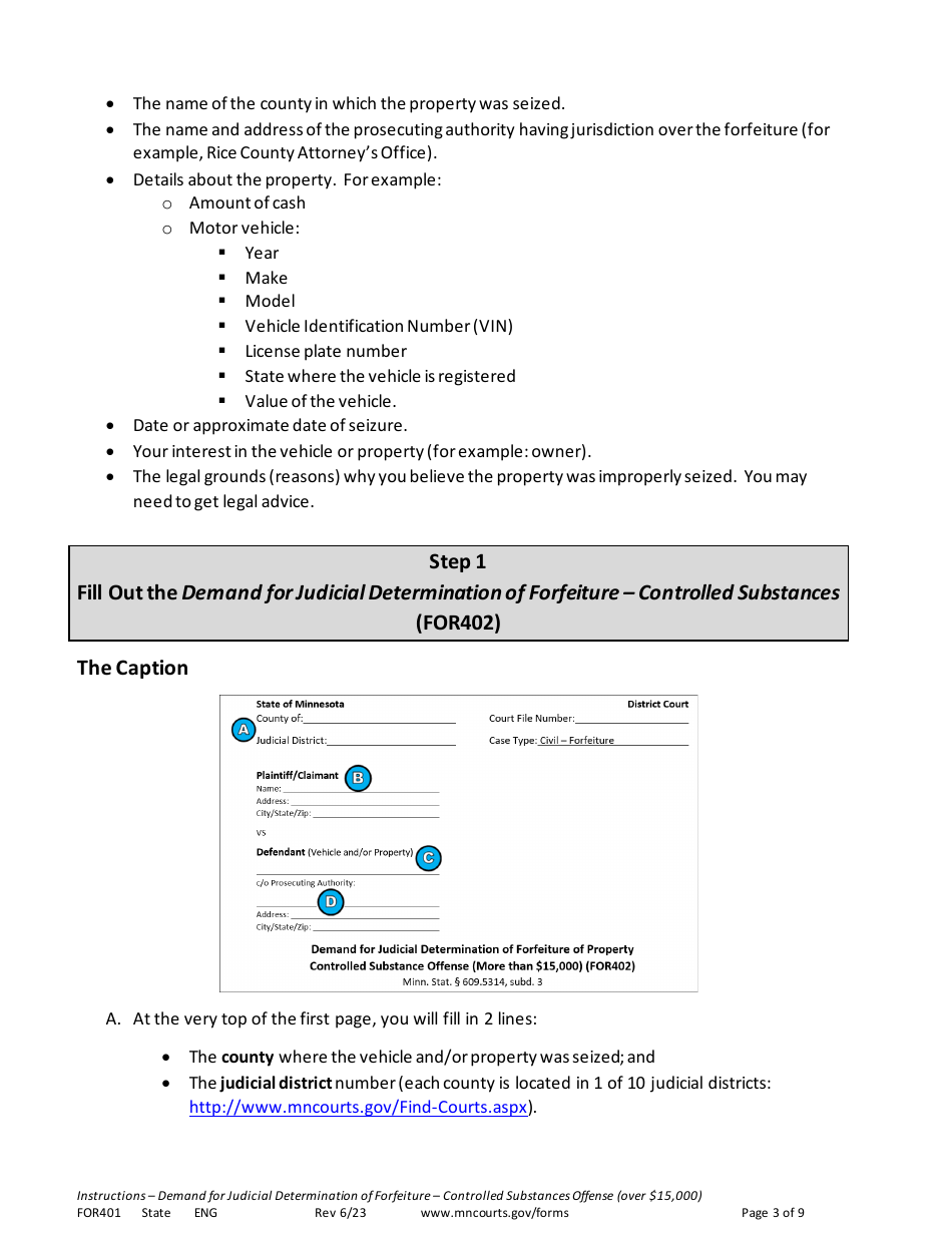 Instructions for Form FOR401 Instructions - Demand for Judicial Determination of Forfeiture Controlled Substances Offense (Valued at More Than $15,000) - Minnesota, Page 3