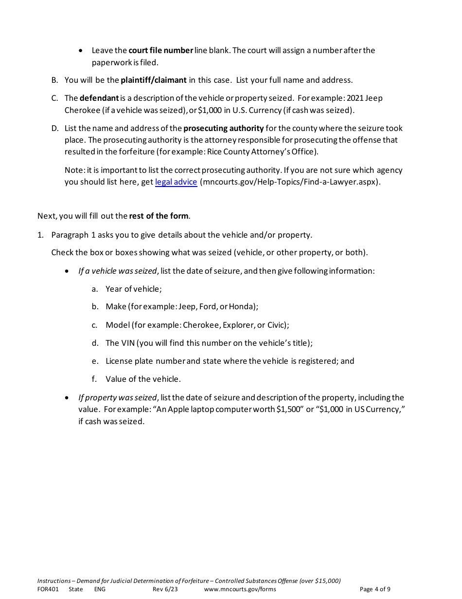 Instructions for Form FOR401 Instructions - Demand for Judicial Determination of Forfeiture Controlled Substances Offense (Valued at More Than $15,000) - Minnesota, Page 4