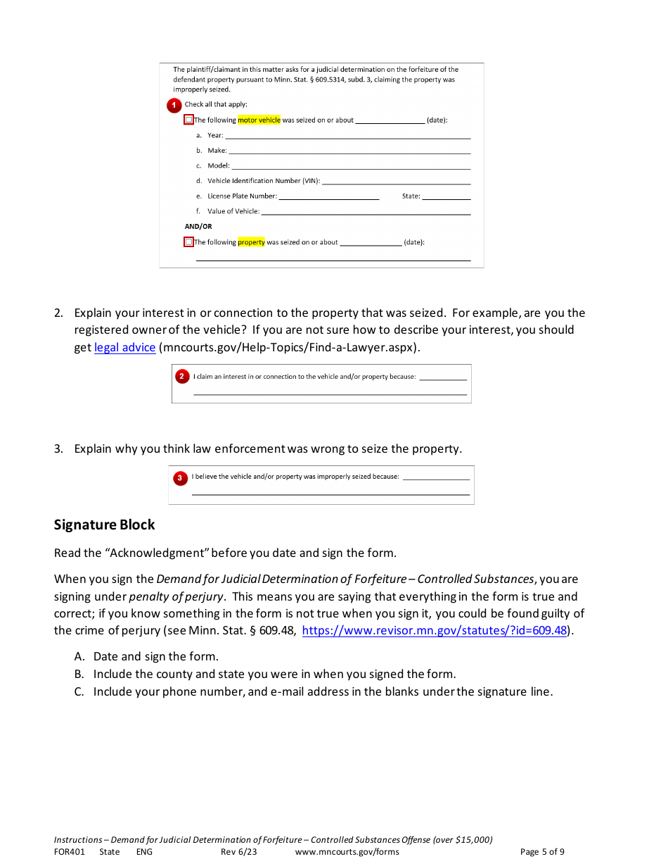 Instructions for Form FOR401 Instructions - Demand for Judicial Determination of Forfeiture Controlled Substances Offense (Valued at More Than $15,000) - Minnesota, Page 5