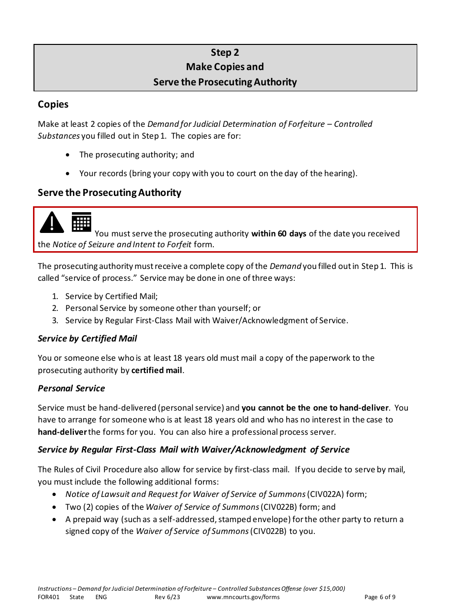 Instructions for Form FOR401 Instructions - Demand for Judicial Determination of Forfeiture Controlled Substances Offense (Valued at More Than $15,000) - Minnesota, Page 6