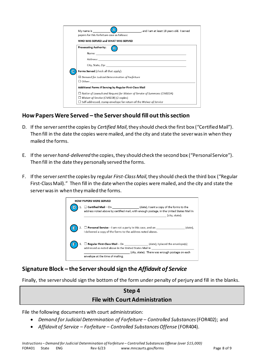 Instructions for Form FOR401 Instructions - Demand for Judicial Determination of Forfeiture Controlled Substances Offense (Valued at More Than $15,000) - Minnesota, Page 8
