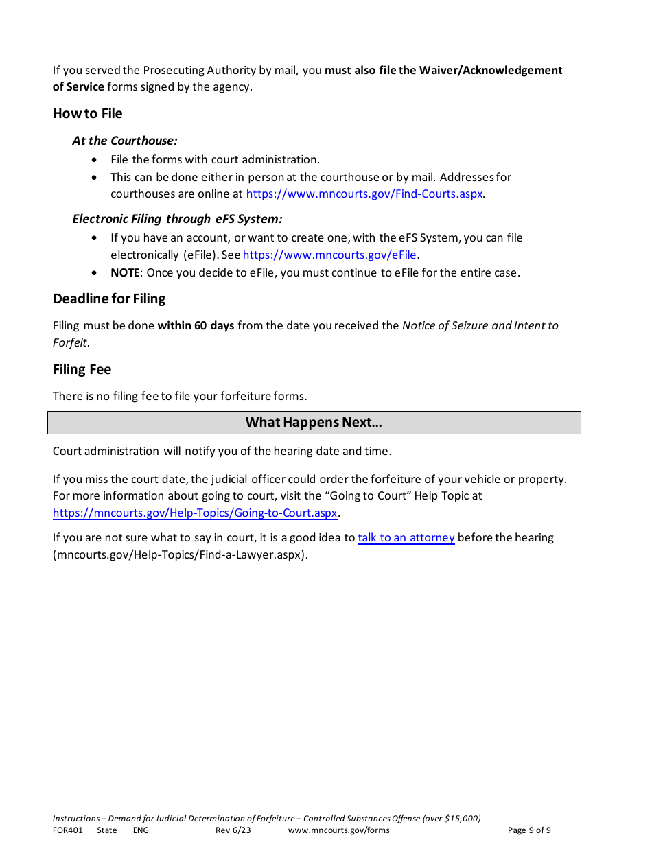 Instructions for Form FOR401 Instructions - Demand for Judicial Determination of Forfeiture Controlled Substances Offense (Valued at More Than $15,000) - Minnesota, Page 9