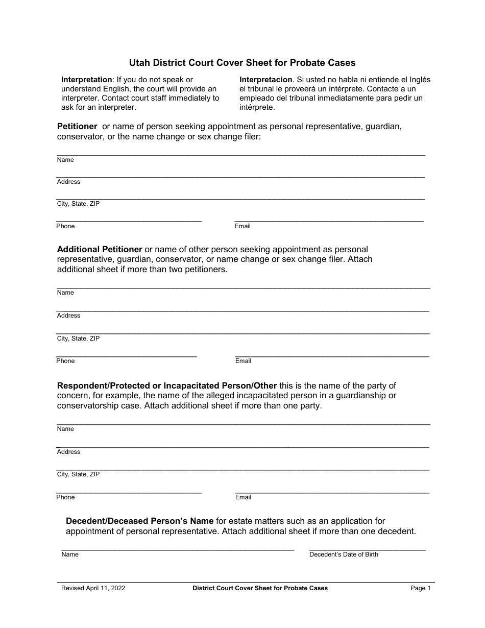 Utah Utah District Court Cover Sheet for Probate Cases Fill Out Sign