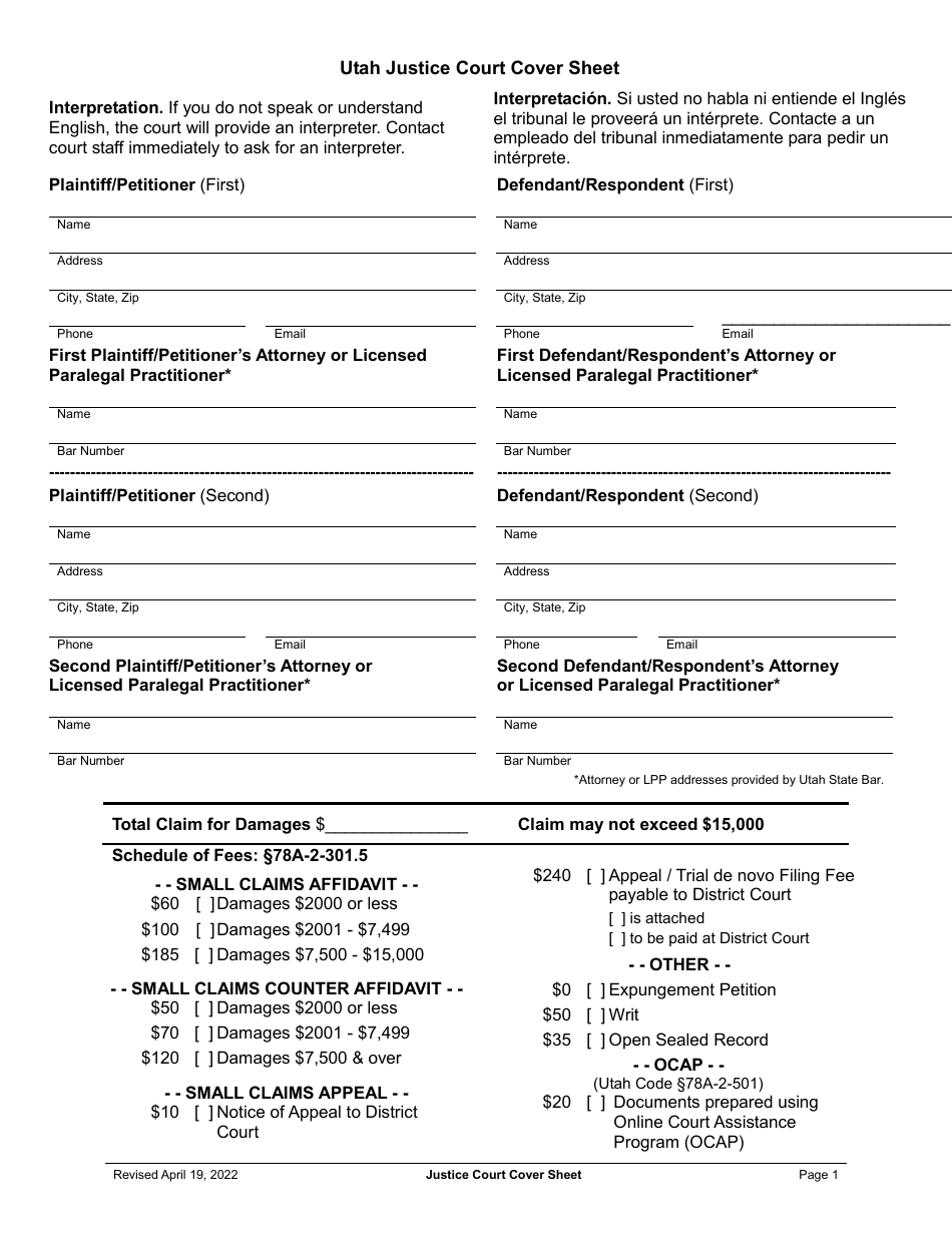 Utah Utah Justice Court Cover Sheet Fill Out Sign Online and
