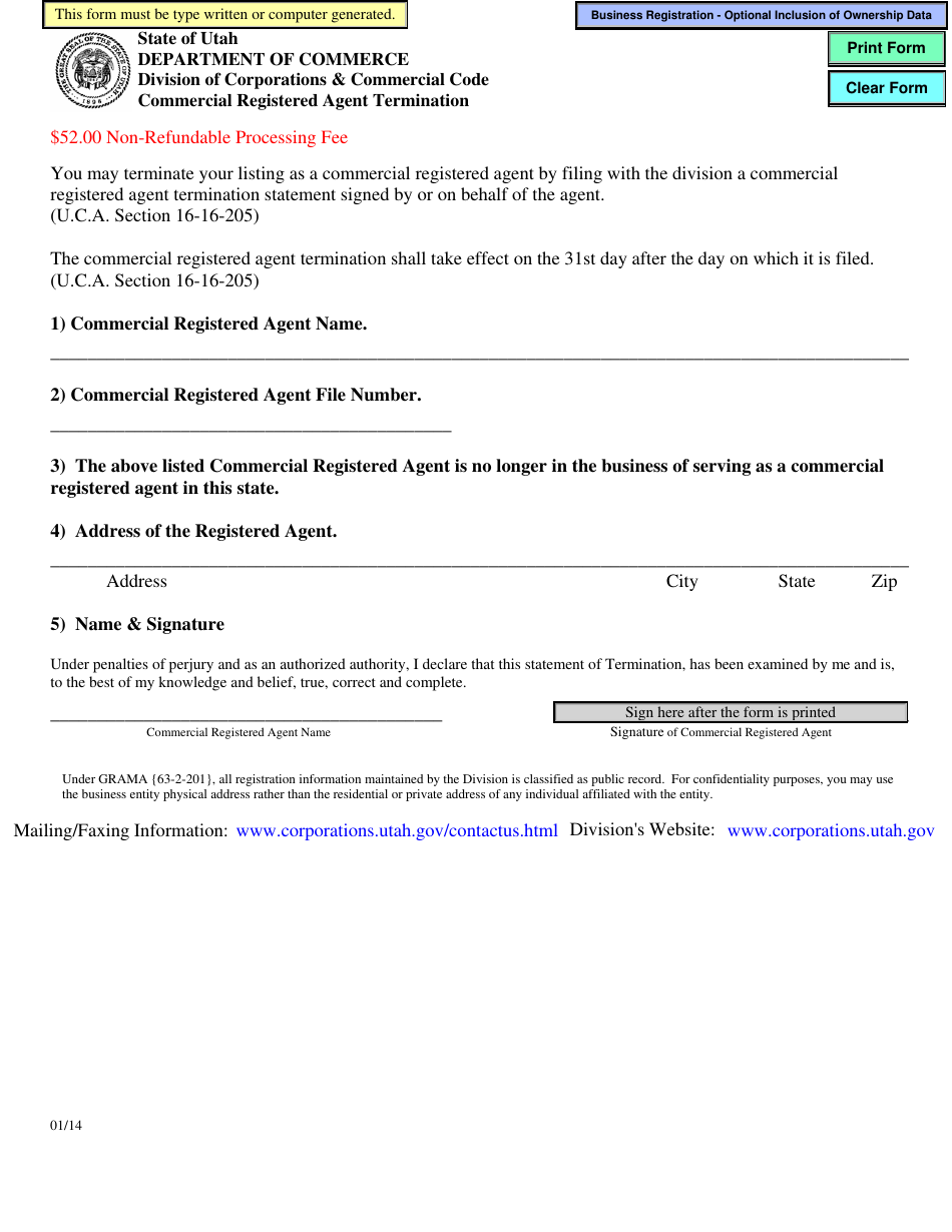 Commercial Registered Agent Termination - Utah, Page 1