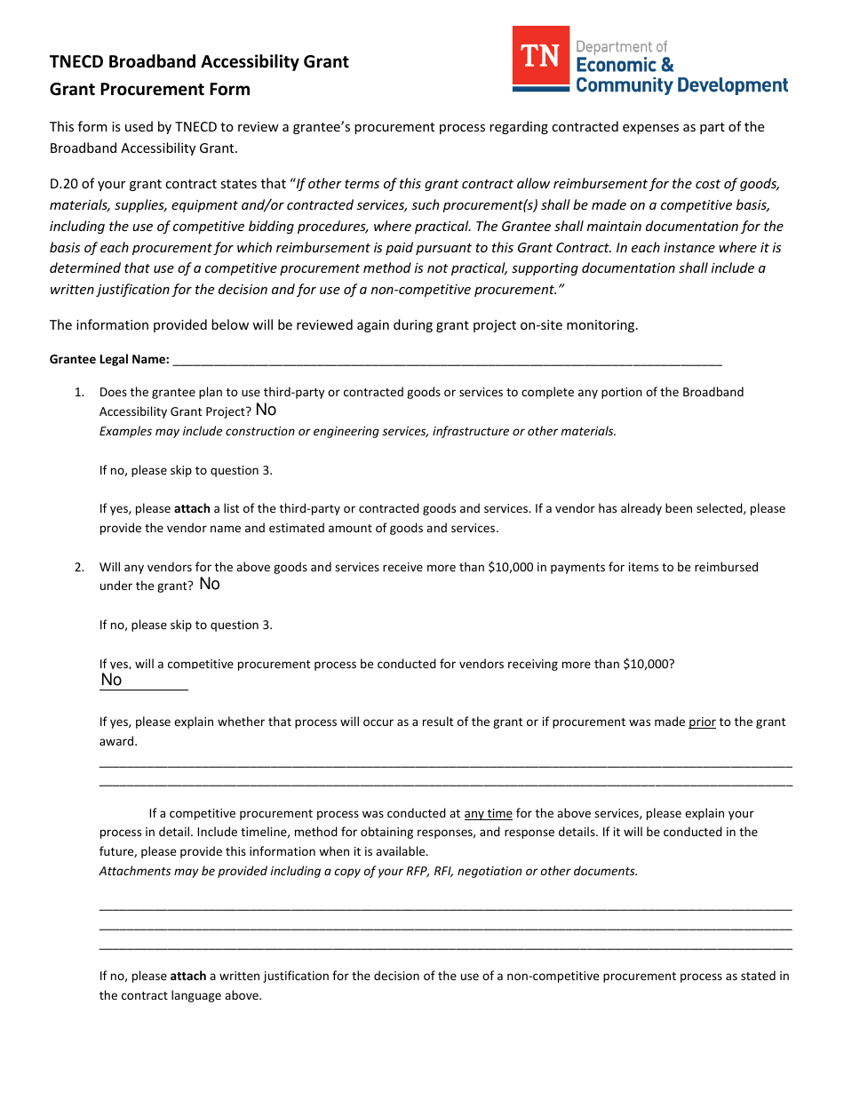 Tnecd Broadband Accessibility Grant - Grant Procurement Form - Tennessee, Page 1