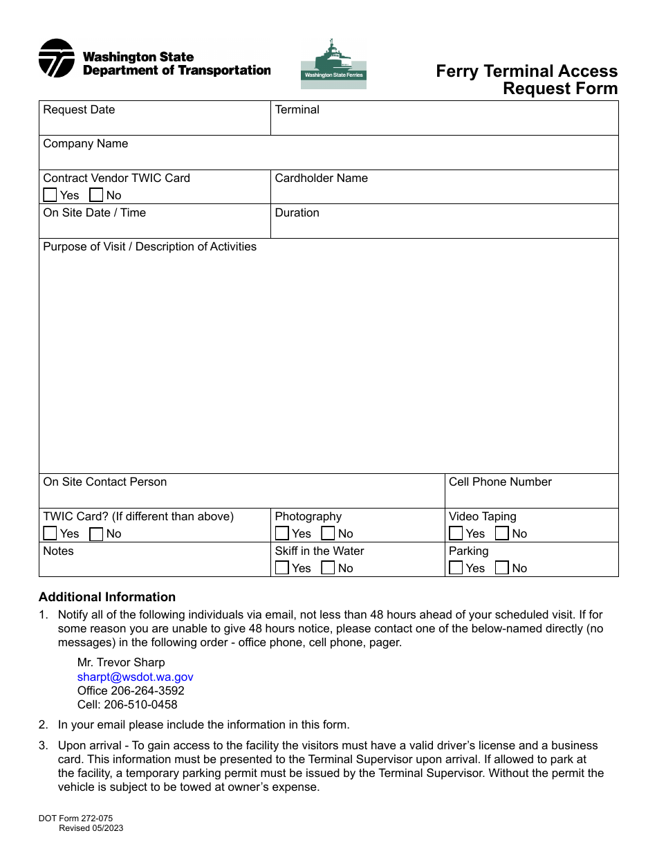 DOT Form 272-075 Ferry Terminal Access Request Form - Washington, Page 1