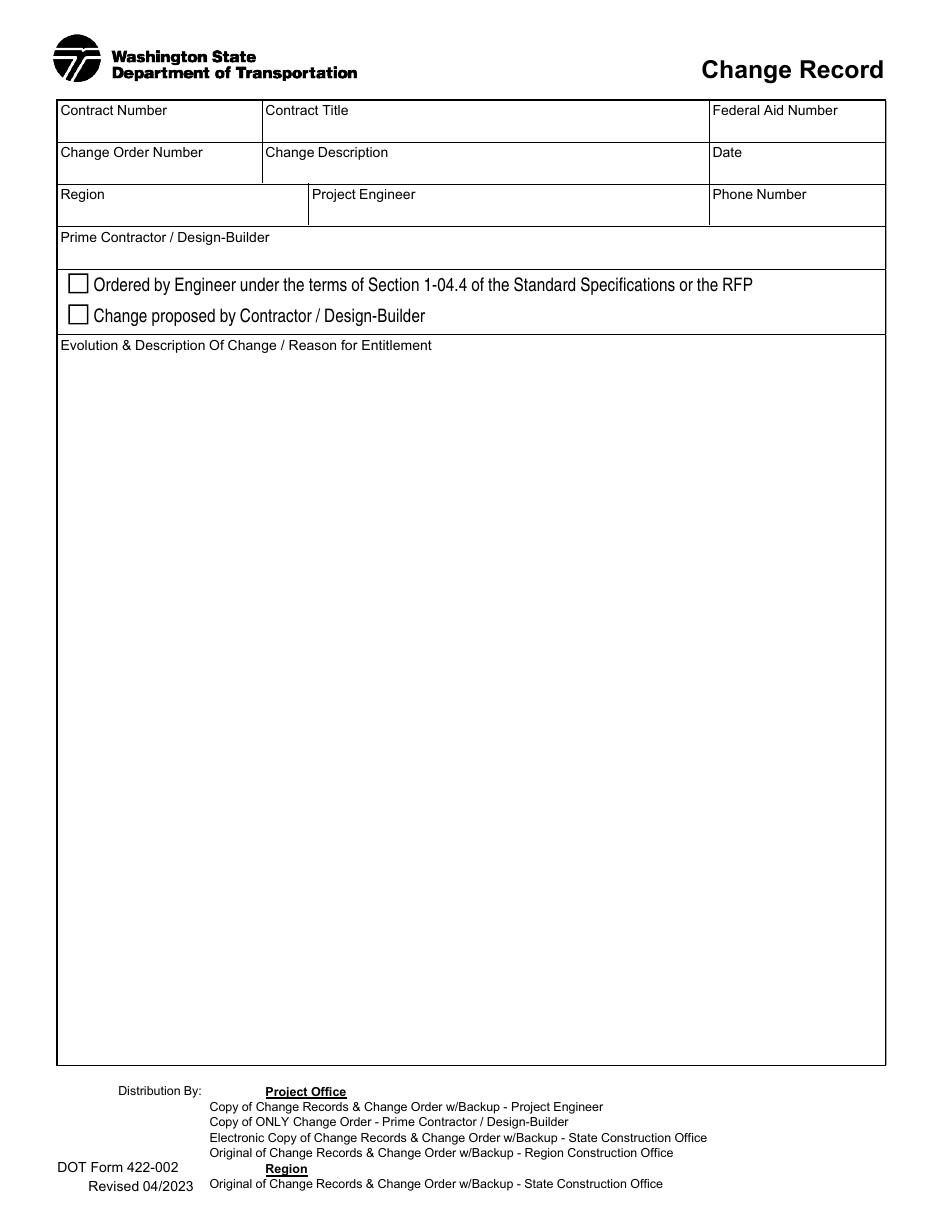 DOT Form 422-002 Change Record - Washington, Page 1