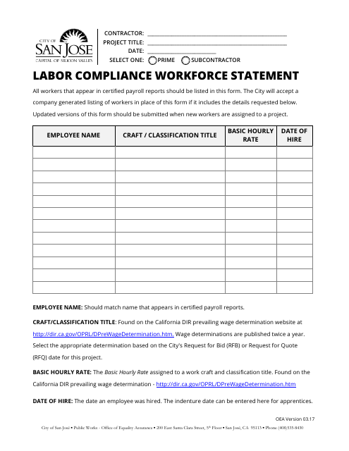 Labor Compliance Workforce Statement - City of San Jose, California Download Pdf