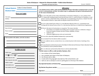 Document preview: Request for Absentee Ballot - Public School Elections - Delaware
