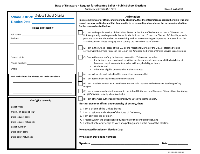 Request for Absentee Ballot - Public School Elections - Delaware