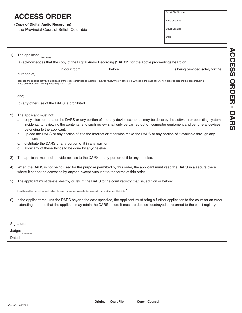 Form ADM861 Access Order - Dars - British Columbia, Canada, Page 1