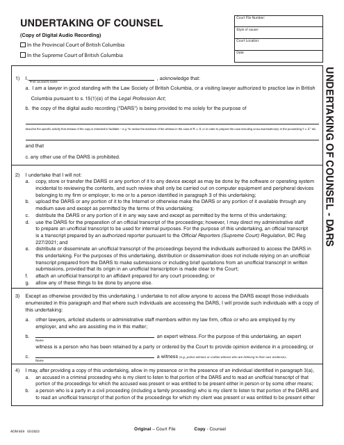 Form ADM859 Undertaking of Counsel - Dars - British Columbia, Canada