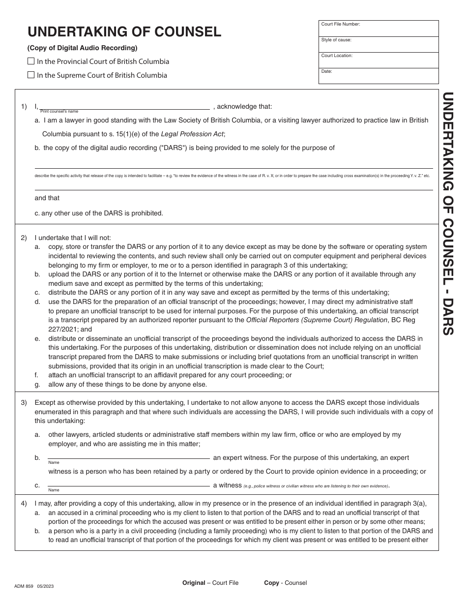 Form ADM859 Undertaking of Counsel - Dars - British Columbia, Canada, Page 1
