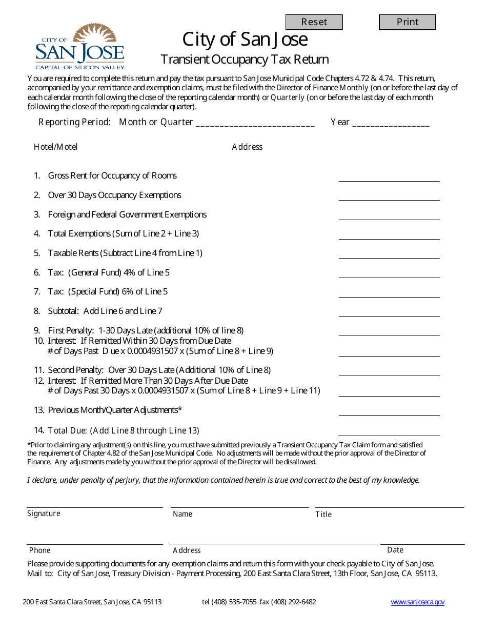 City of San Jose, California Transient Occupancy Tax Return Fill Out