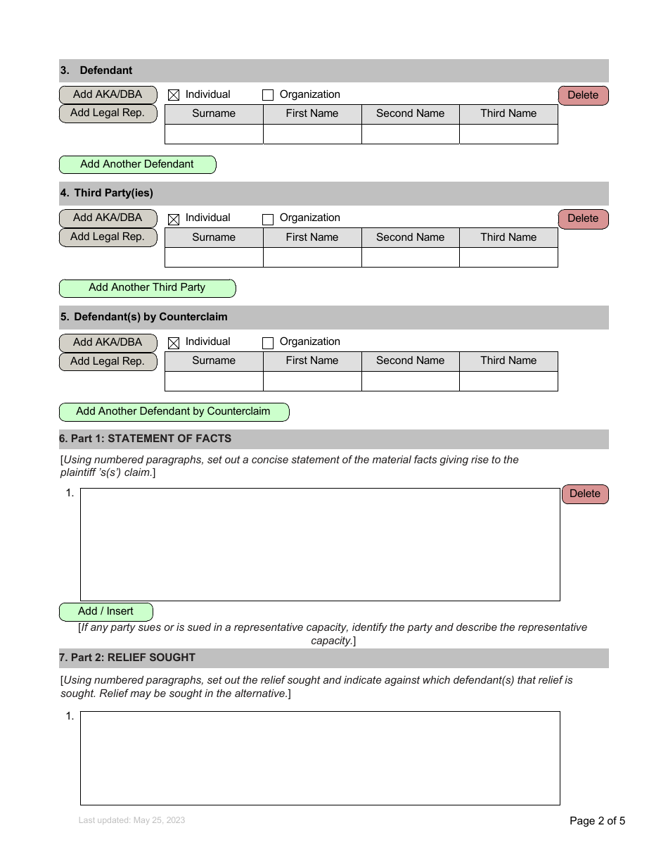 Form 1 Notice of Civil Claim - British Columbia, Canada, Page 2