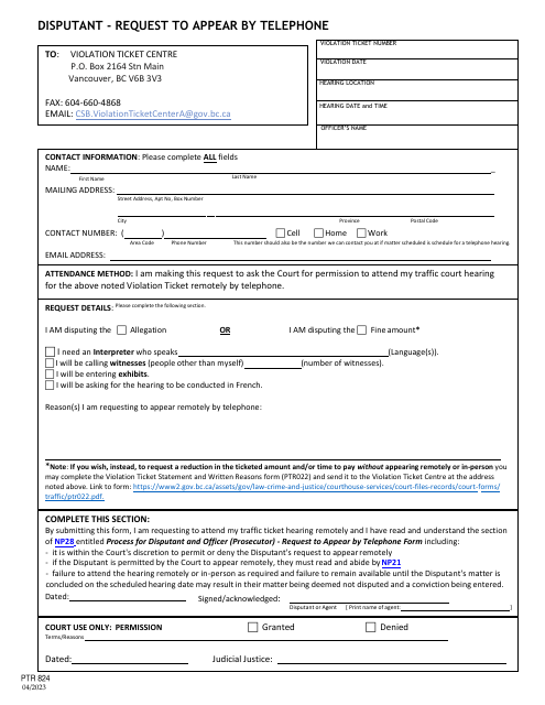 Form PTR824 Disputant - Request to Appear by Telephone - British Columbia, Canada
