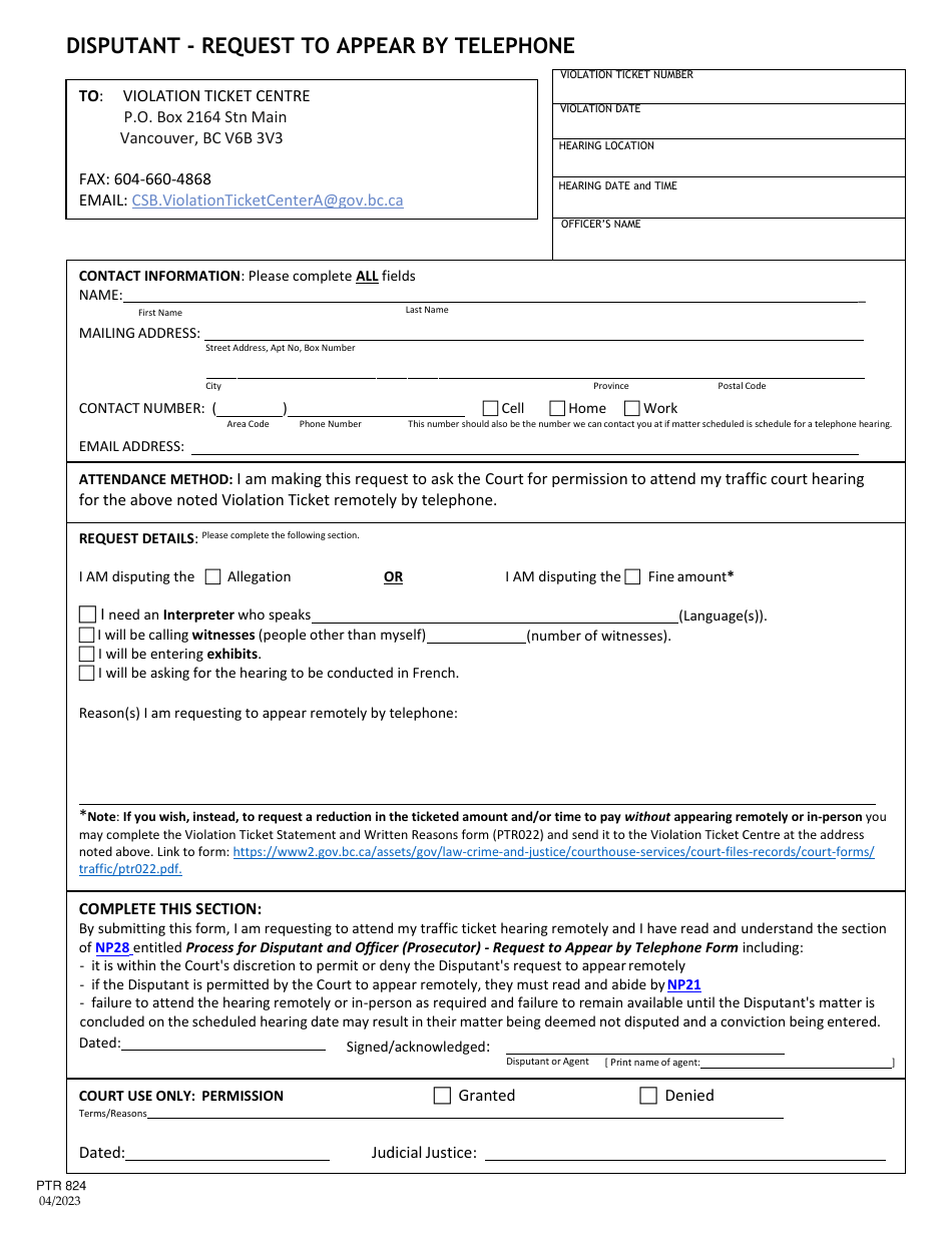 Form PTR824 Disputant - Request to Appear by Telephone - British Columbia, Canada, Page 1