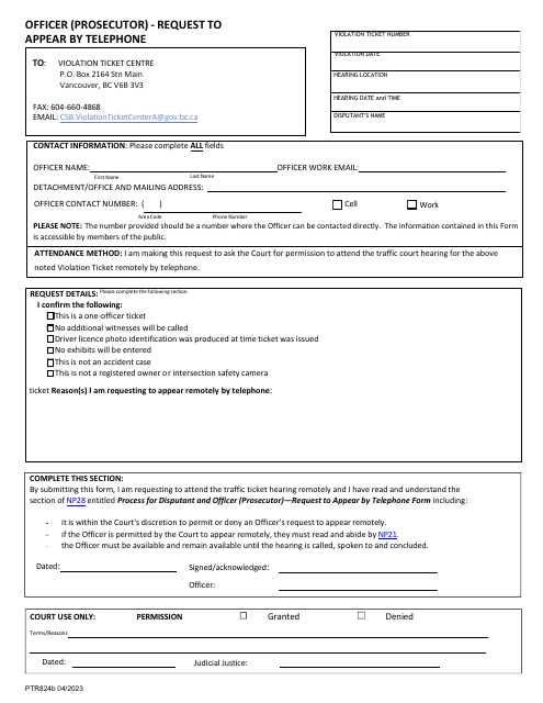 Form PTR824B Officer (Prosecutor) - Request to Appear by Telephone - British Columbia, Canada