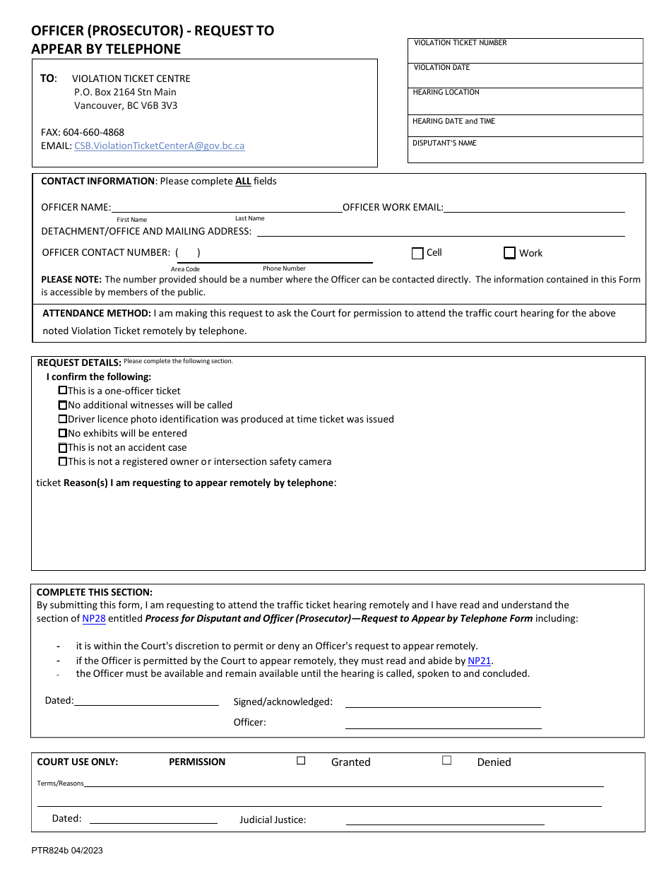Form PTR824B Officer (Prosecutor) - Request to Appear by Telephone - British Columbia, Canada, Page 1