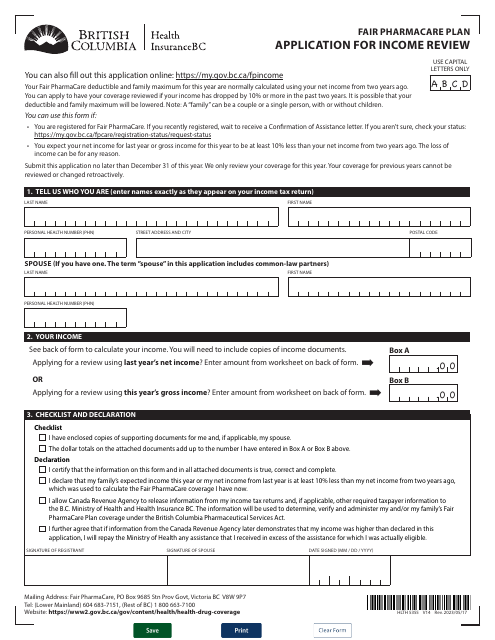 Form HLTH5355 Application for Income Review - British Columbia, Canada