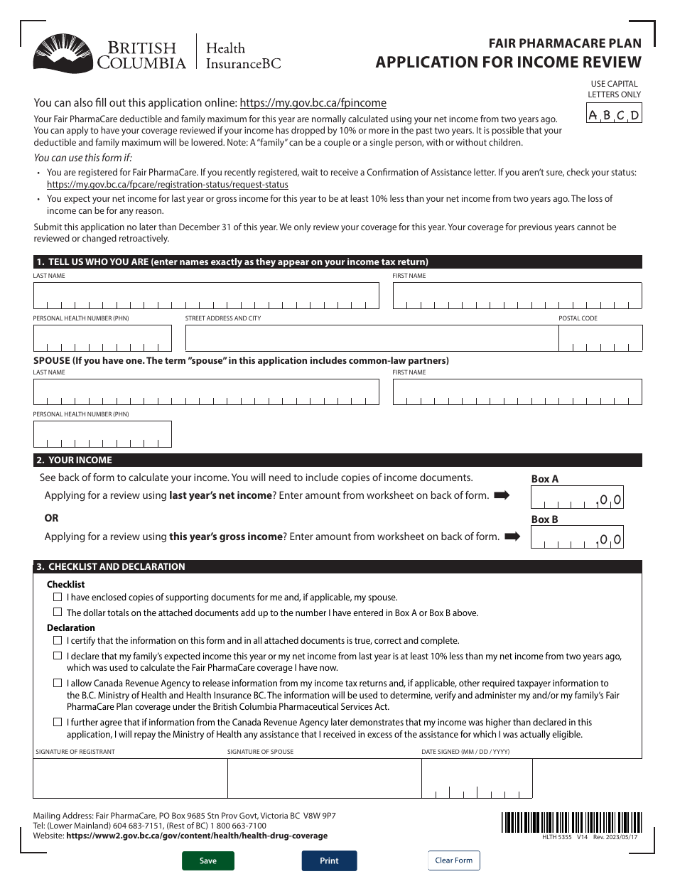 Form HLTH5355 Application for Income Review - British Columbia, Canada, Page 1
