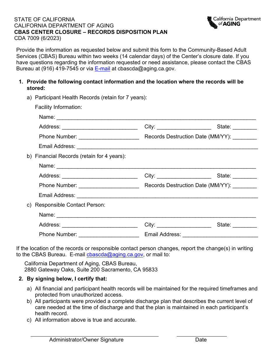Form CDA7009 Cbas Center Closure - Records Disposition Plan - California, Page 1