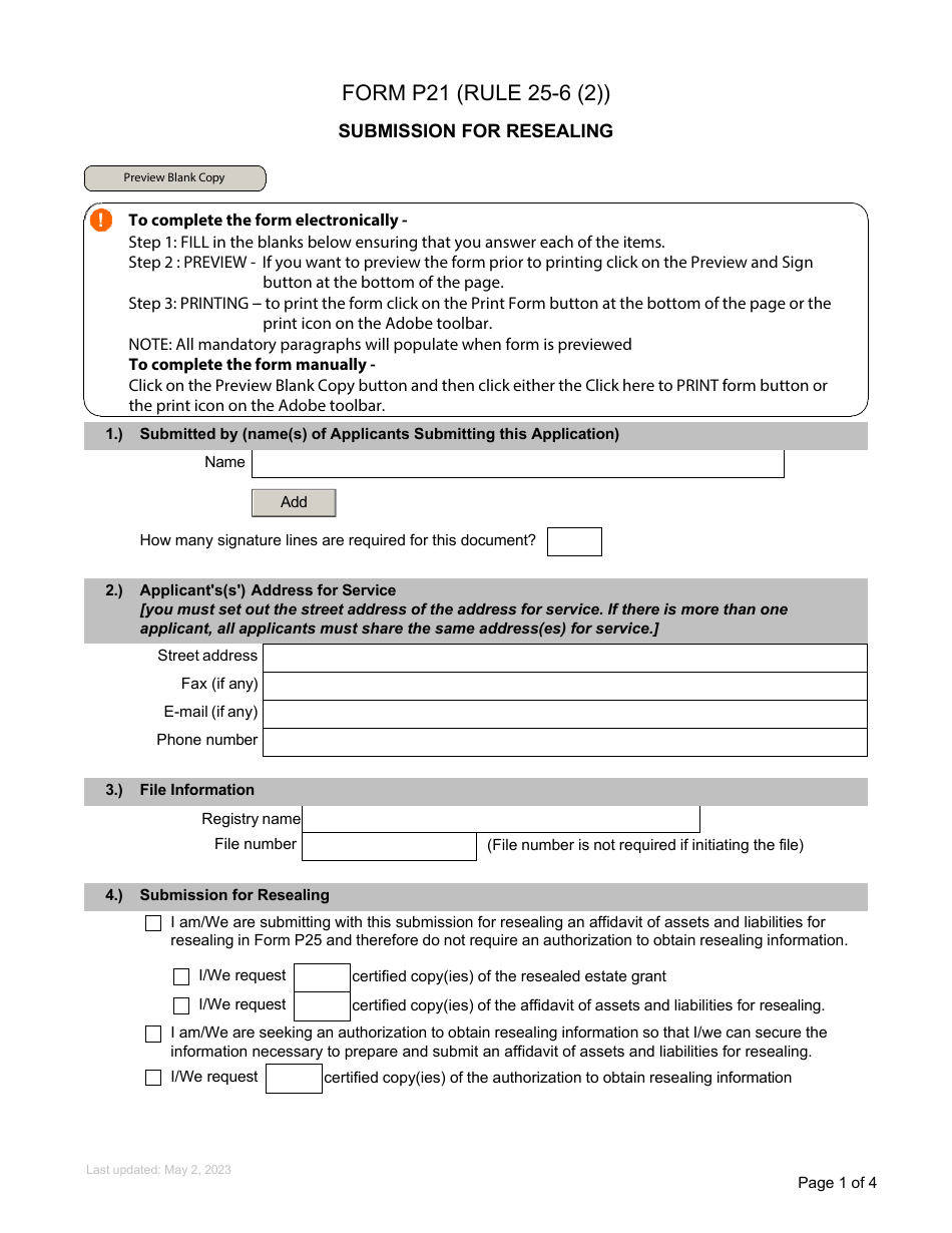 Form P21 Submission for Resealing - British Columbia, Canada, Page 1