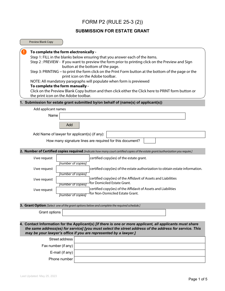 Form P2 Submission for Estate Grant - British Columbia, Canada, Page 1