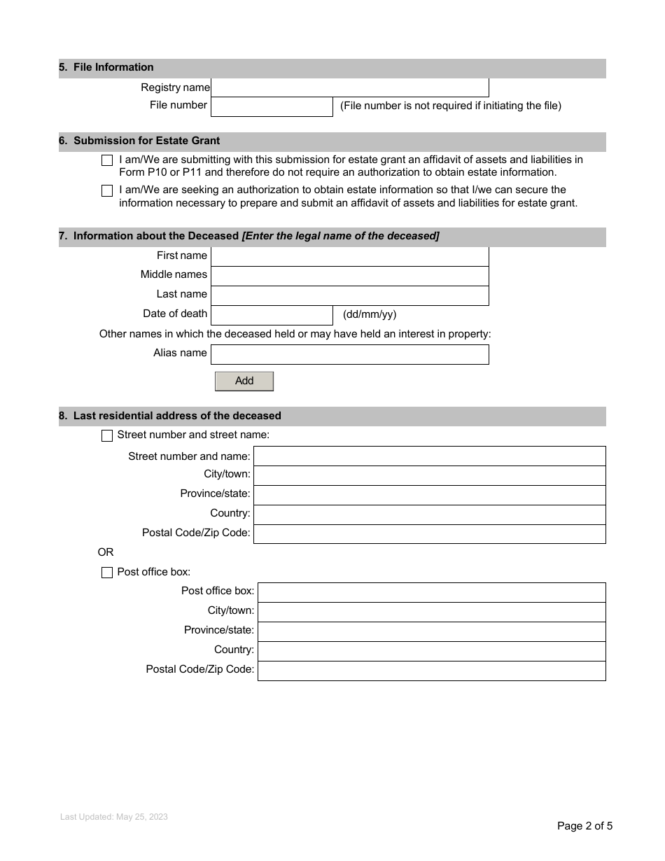 Form P2 Submission for Estate Grant - British Columbia, Canada, Page 2