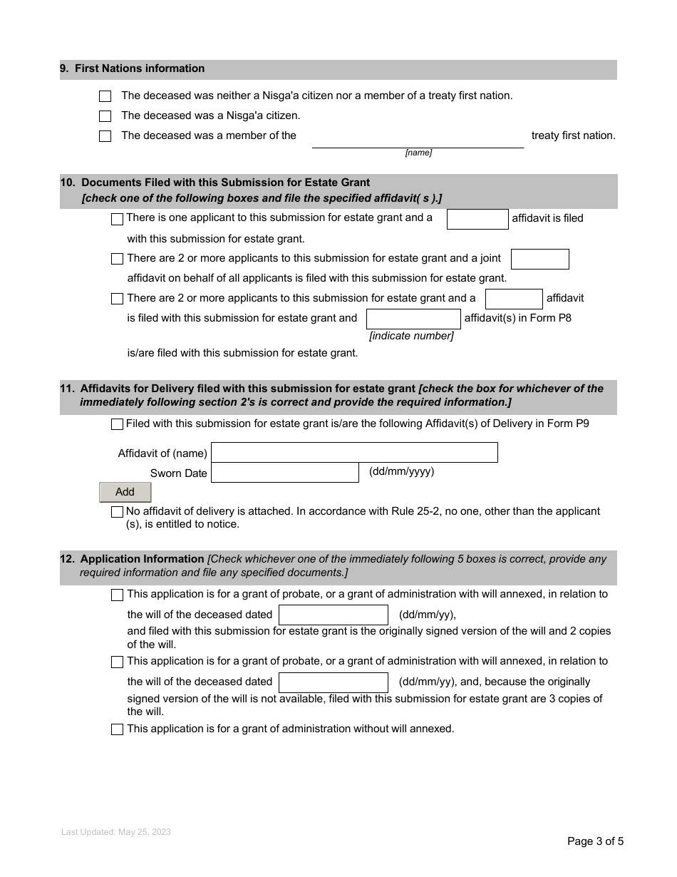 Form P2 Submission for Estate Grant - British Columbia, Canada, Page 3