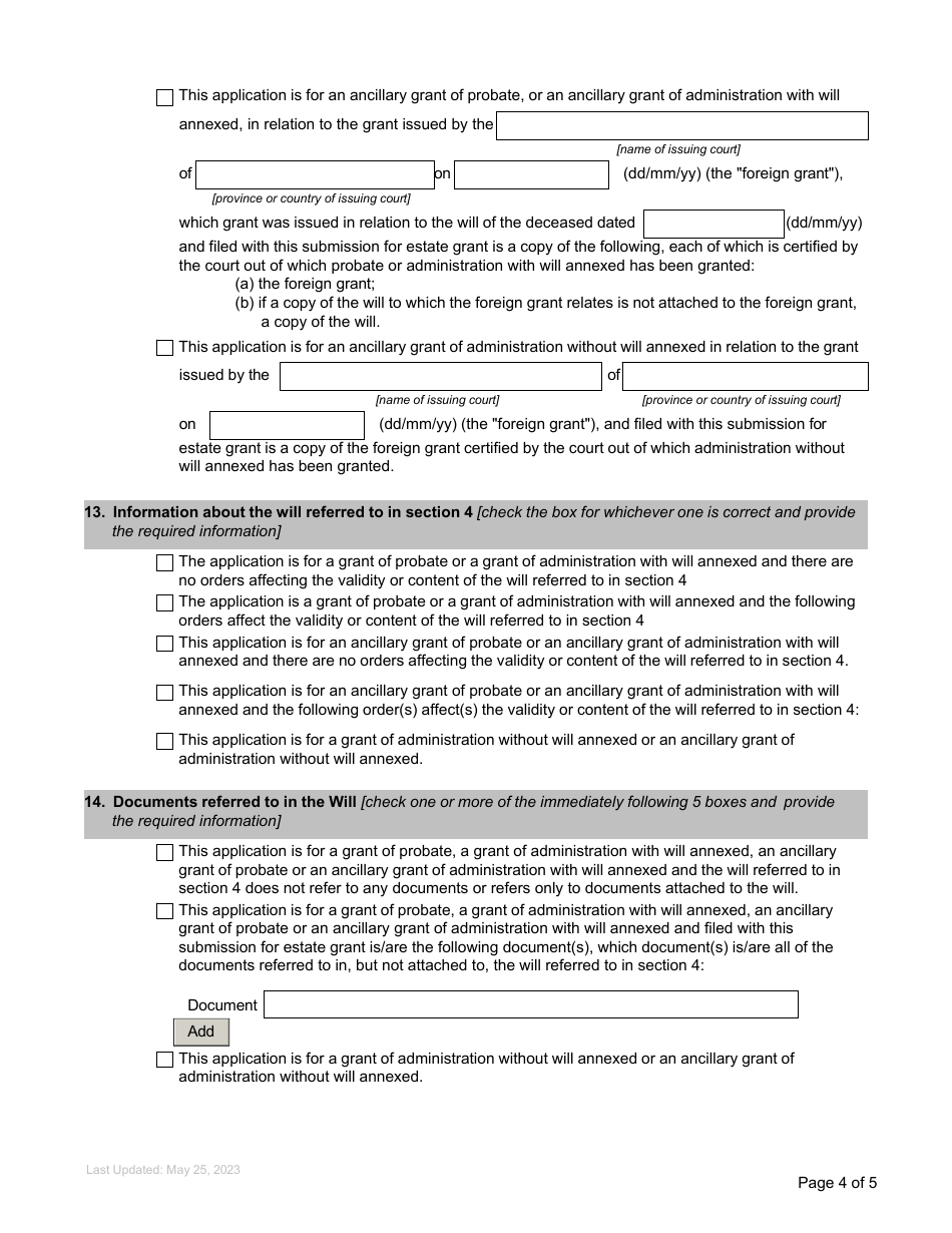 Form P2 Submission for Estate Grant - British Columbia, Canada, Page 4