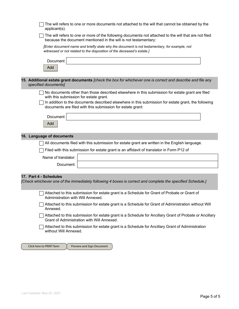Form P2 Submission for Estate Grant - British Columbia, Canada, Page 5