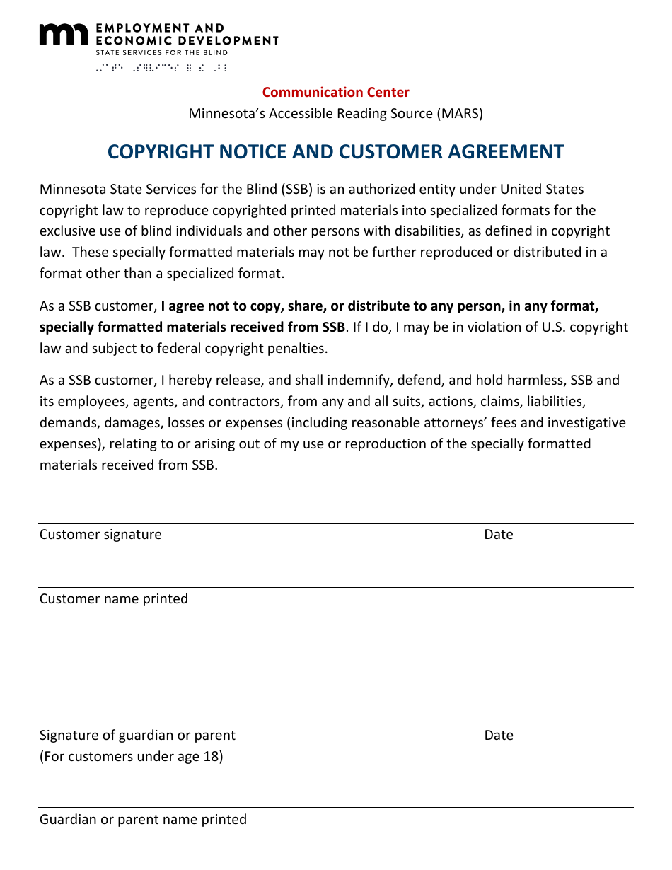 Copyright Notice and Customer Agreement - Minnesota, Page 1