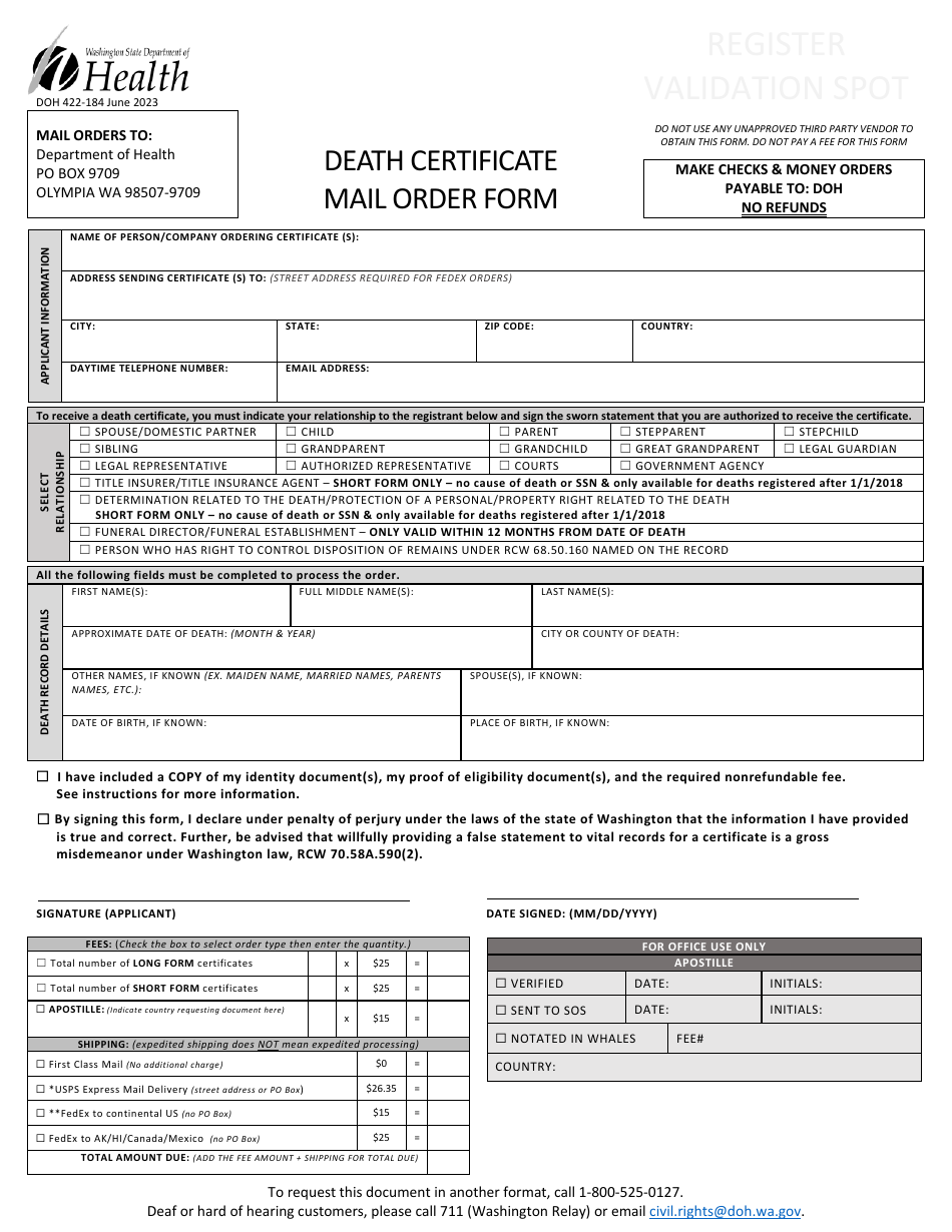 Form DOH422-184 Death Certificate Mail Order Form - Washington, Page 3