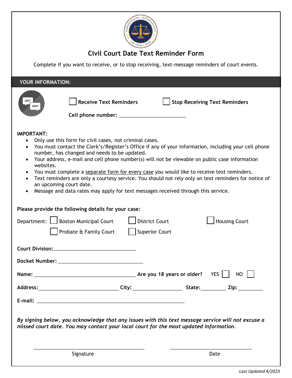 Civil Court Date Text Reminder Form - Massachusetts, Page 1